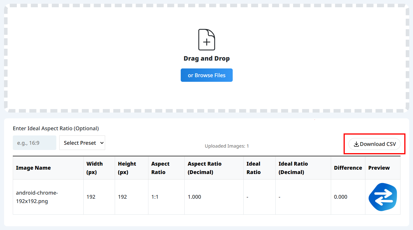 Aspect ratio check and CSV download screen