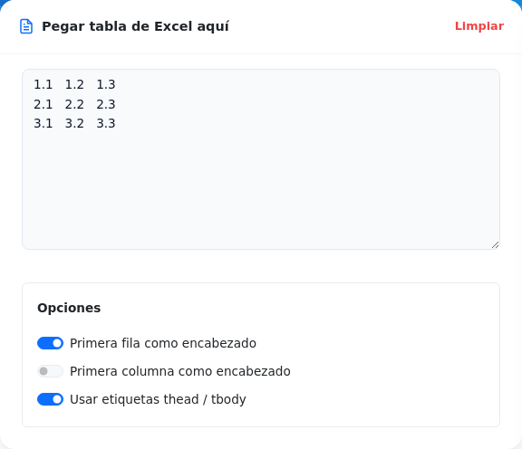 Pantalla para pegar una tabla de Excel