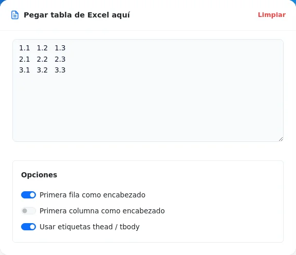 Pantalla para pegar una tabla de Excel