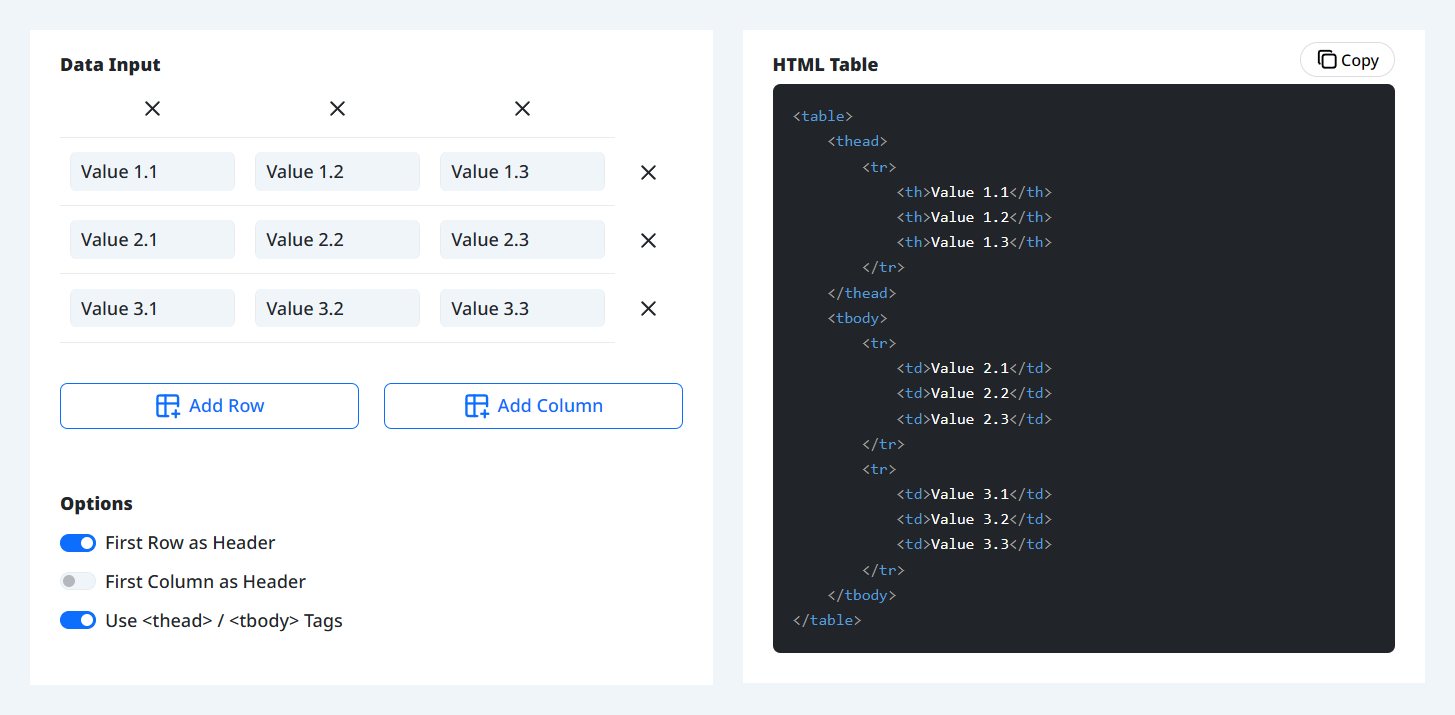 Pantalla de entrada de datos del generador de tablas HTML