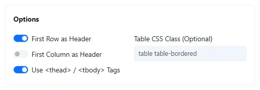 Options screen for header and thead/tbody settings