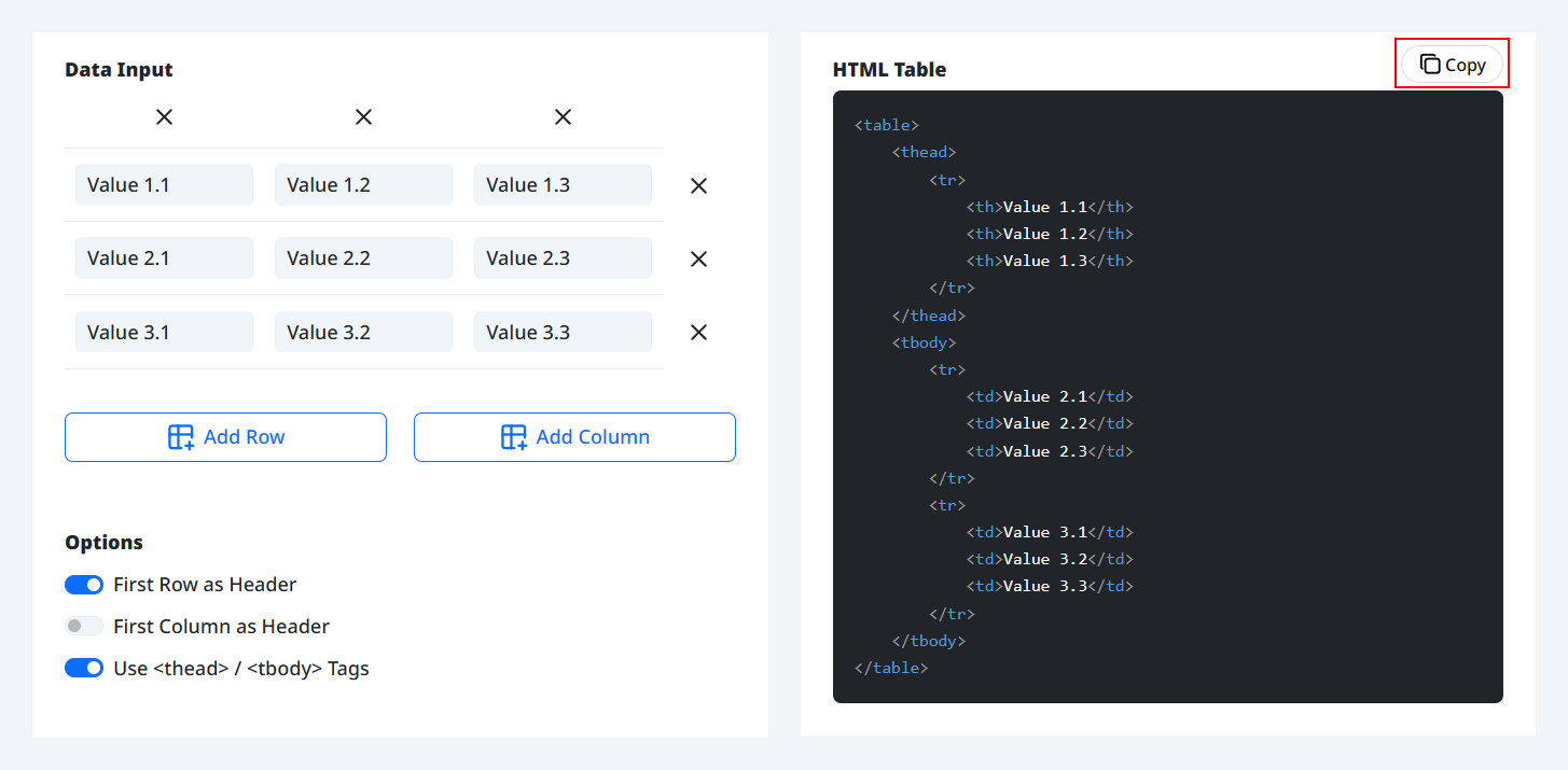 Copiar el código de la tabla HTML