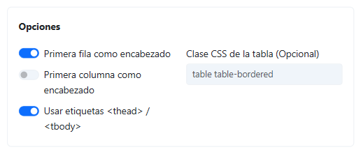 Pantalla de opciones para encabezados y configuraciones thead/tbody