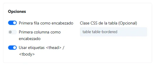 Pantalla de opciones para encabezados y configuraciones thead/tbody