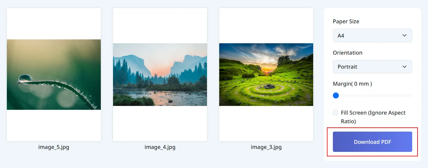PDF化された画像をダウンロードする画面の例