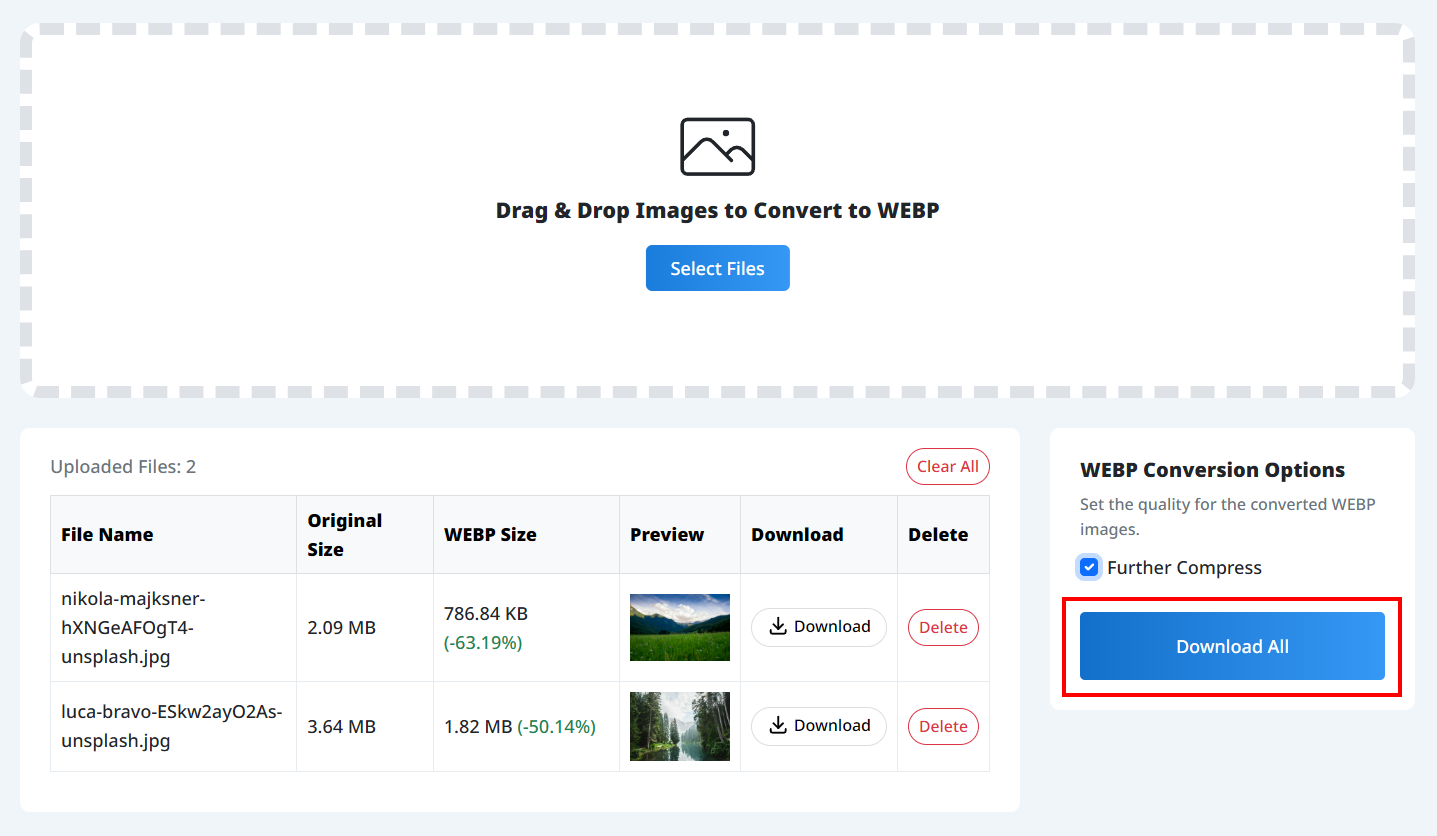Tampilan Unduh Massal File WEBP
