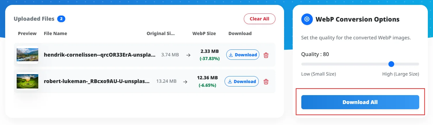 WebP 파일 전체 다운로드 화면