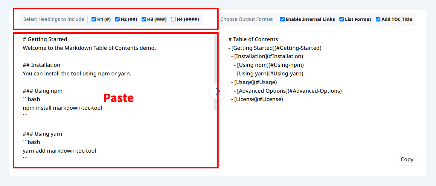 Introduce texto Markdown y selecciona los encabezados para el índice