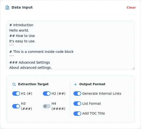 Input Markdown text and select target headers
