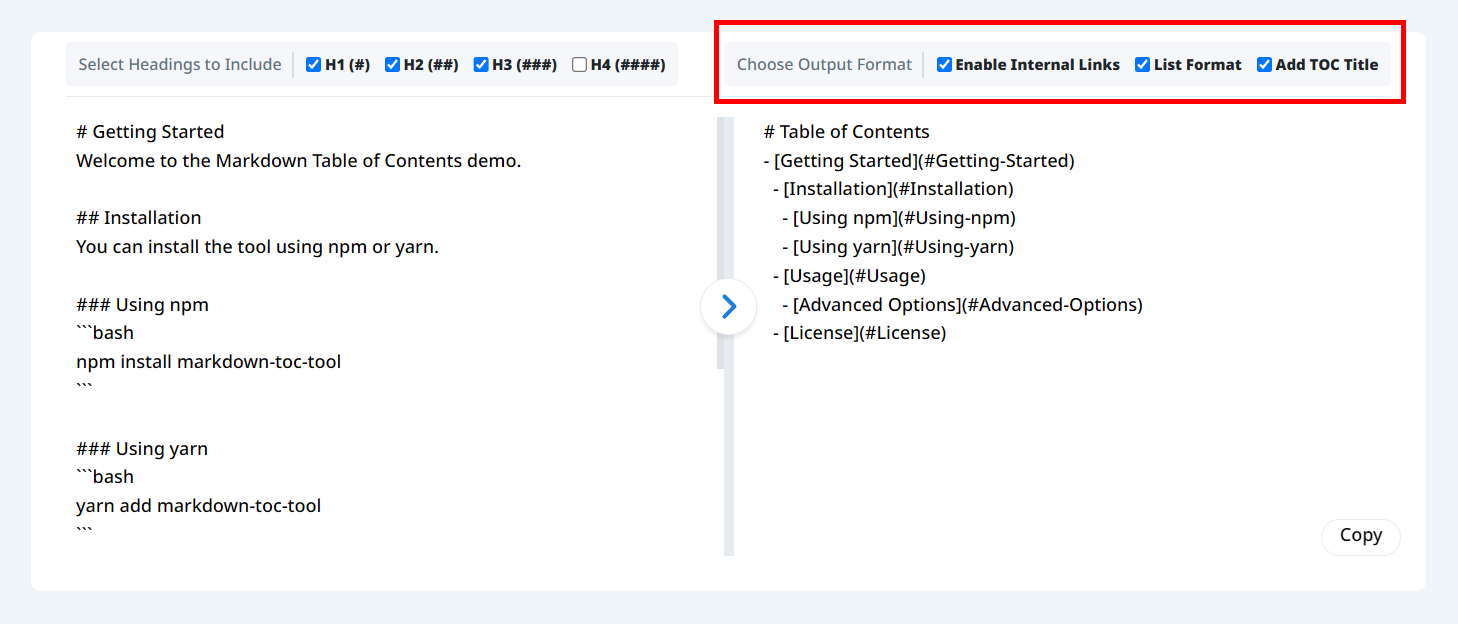 Selecciona formato de lista y enlaces internos para generar el índice en Markdown