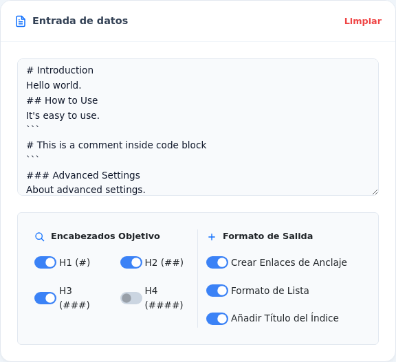 Seleccionar nivel de extracción después de pegar texto Markdown