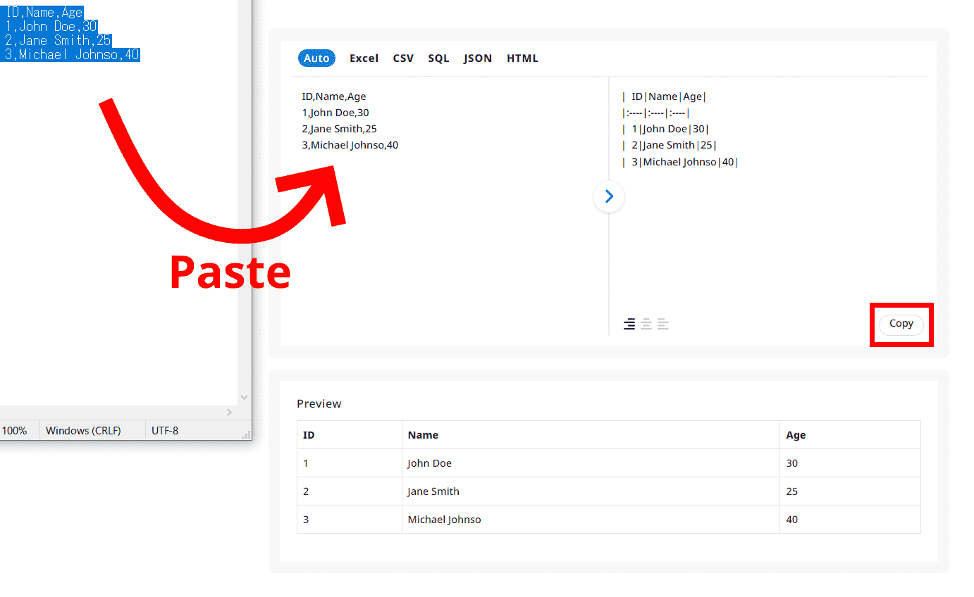 Paste CSV text into the text area, then copy the execution result.