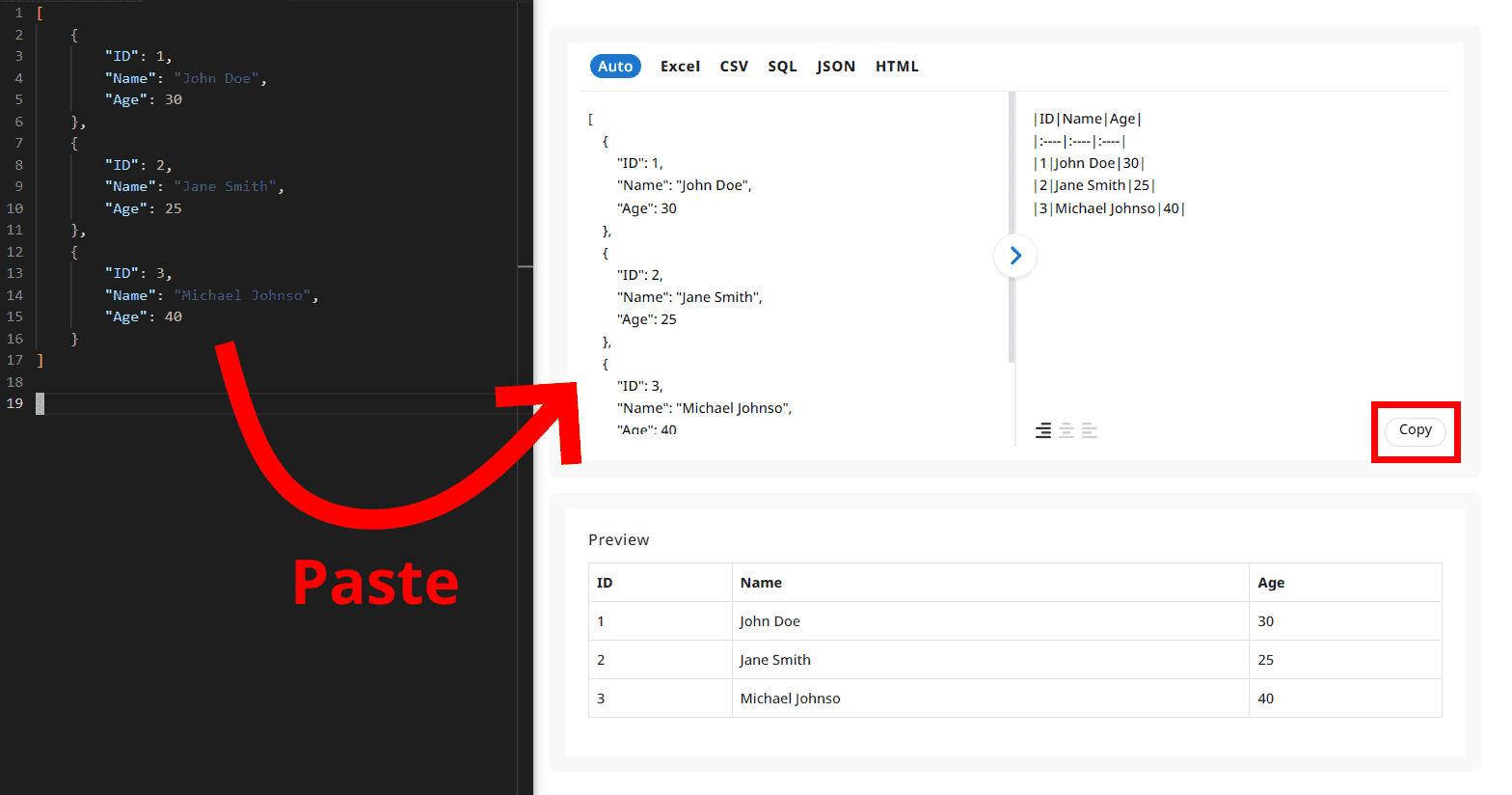 Paste JSON text into the text area, then copy the execution result.