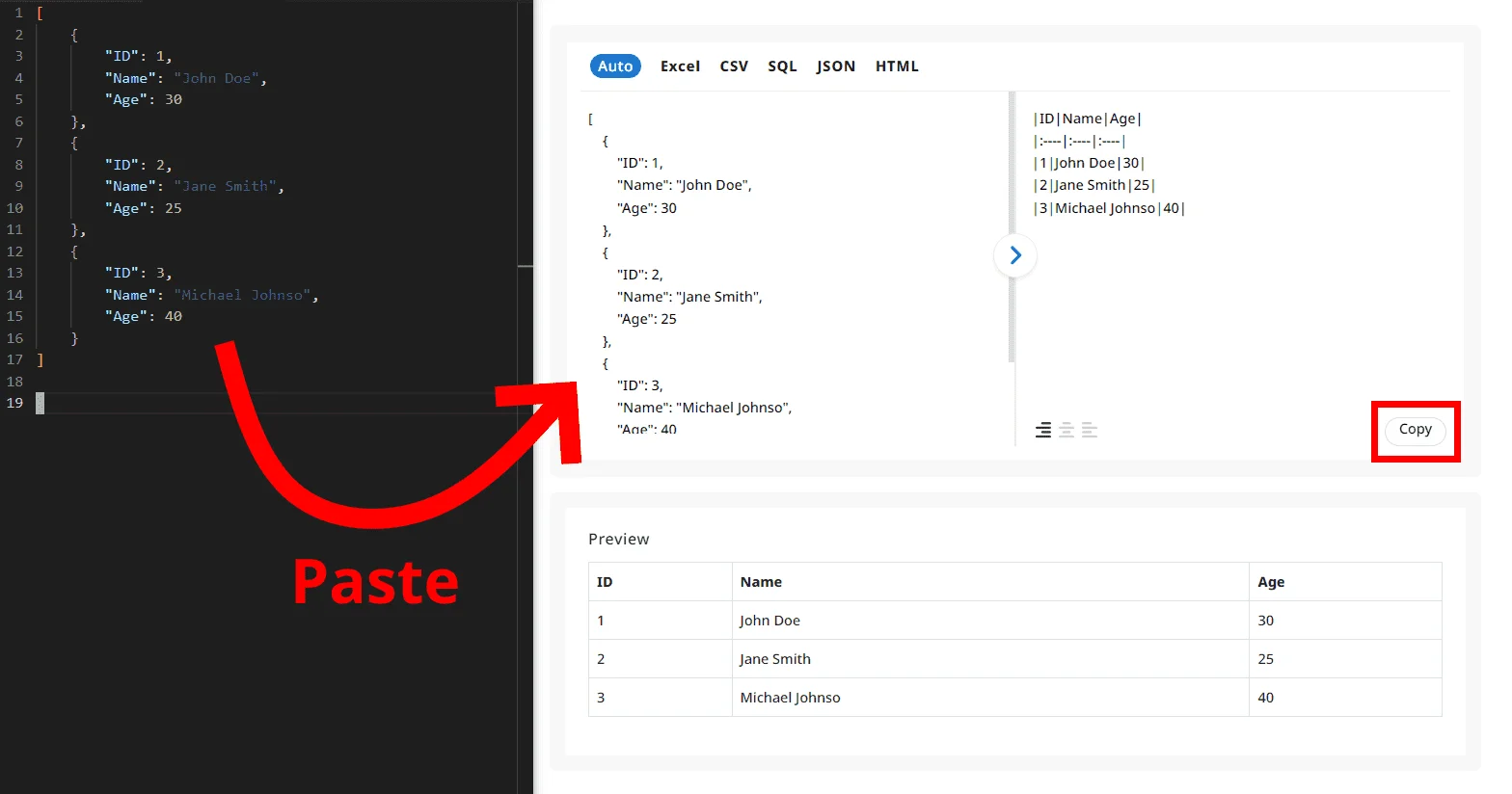 テキストエリアにJSONテキストを貼り付け、Markdown形式の実行結果をコピーします。