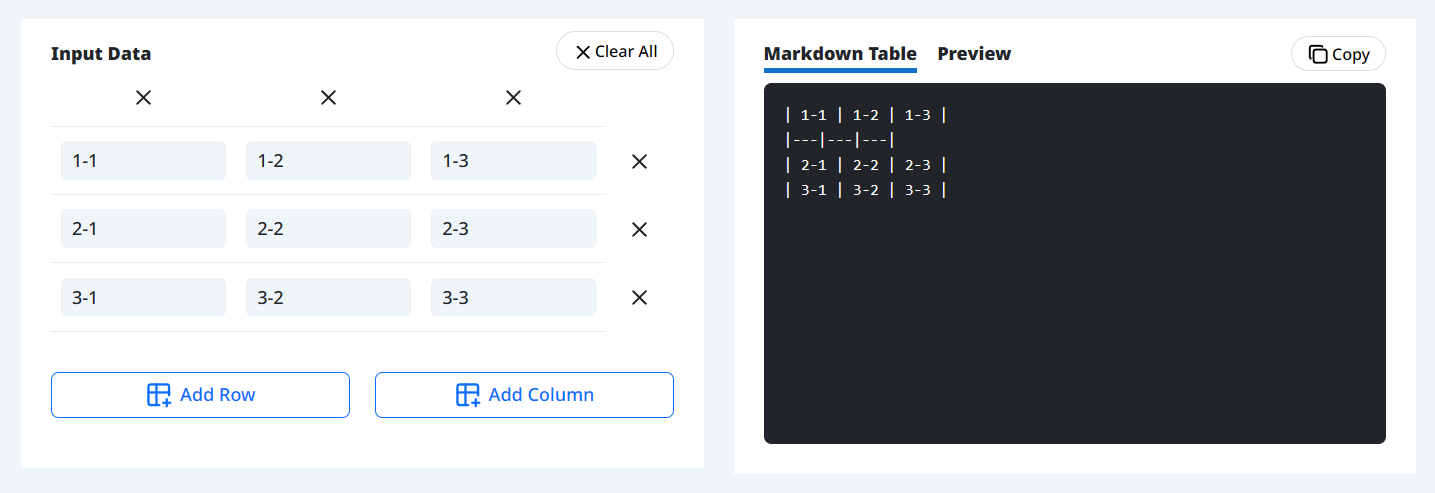 Screenshot of Markdown Table Generator's data input screen
