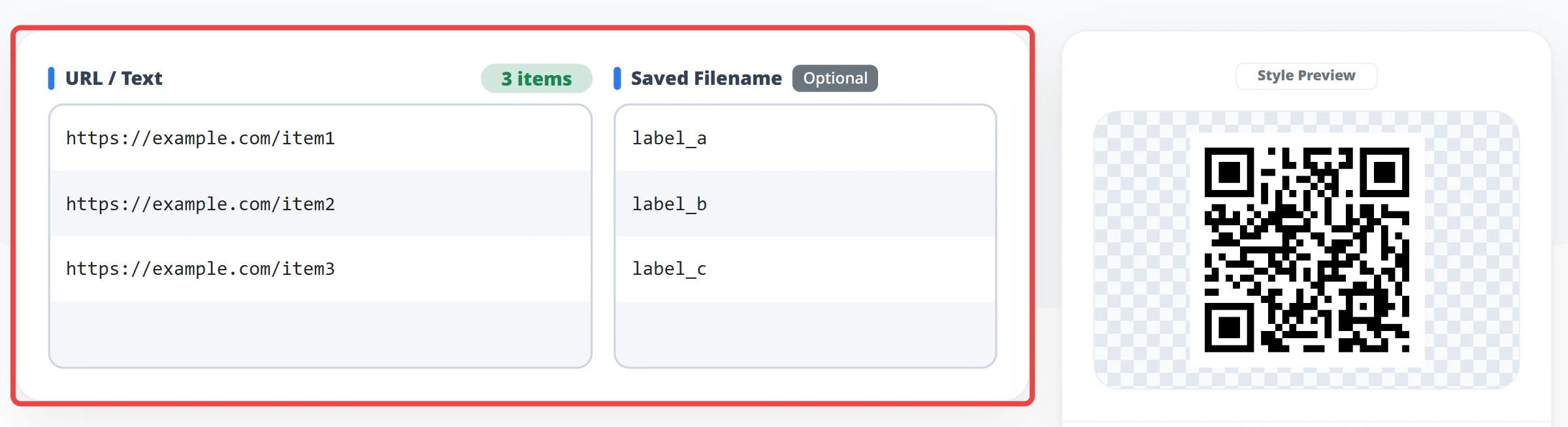 Screenshot of the URL/text input screen in the bulk QR code generator