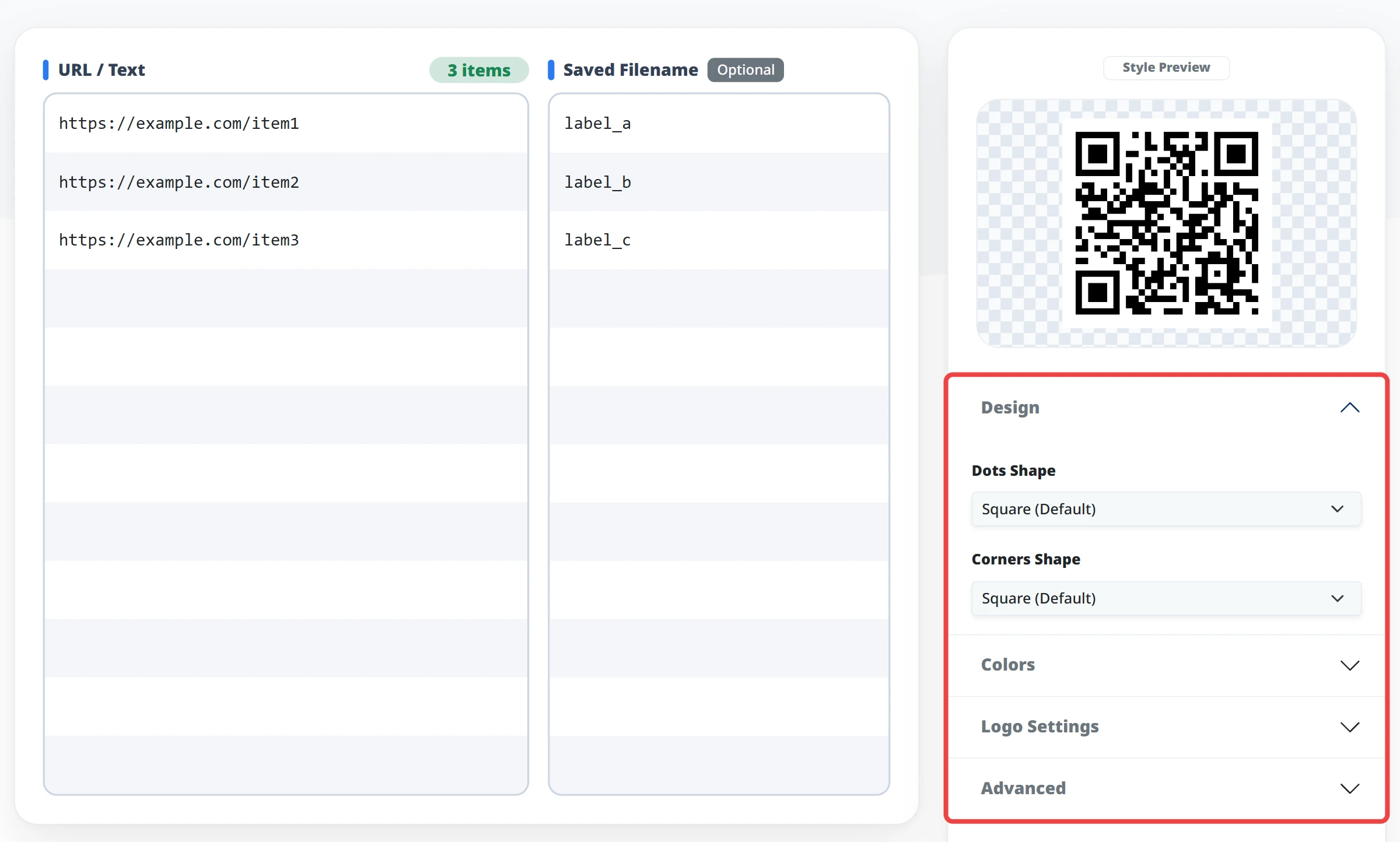 Screenshot of the QR code design settings screen (logo, color and shape customization)