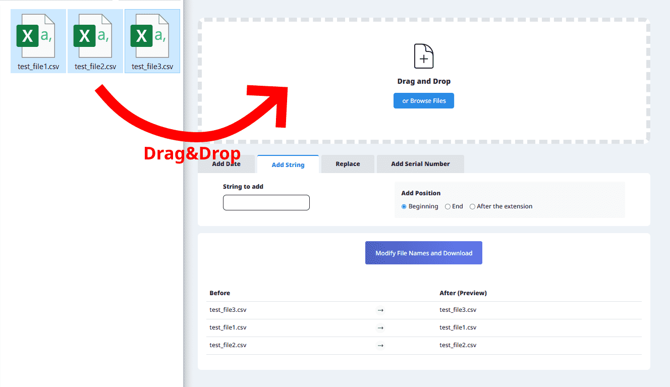 Drag and drop the files to be renamed or select files