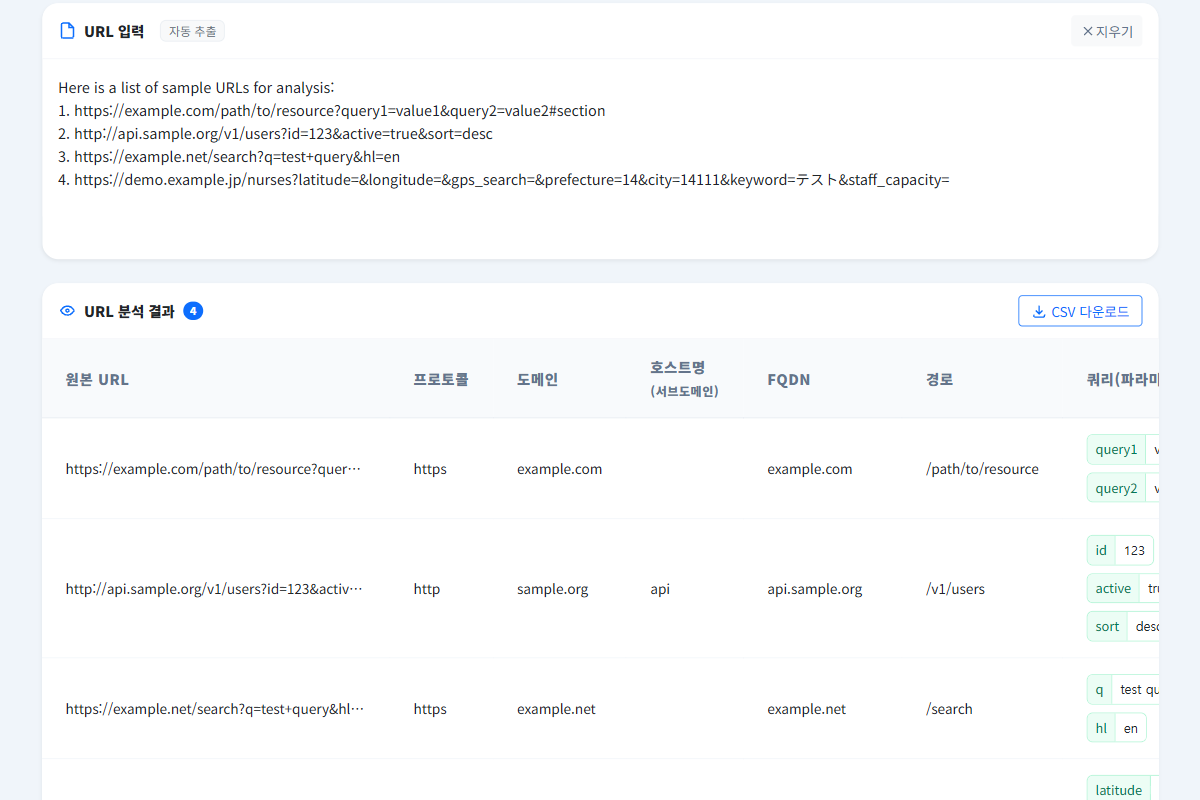 URL 구조 체커 분석 결과 표시