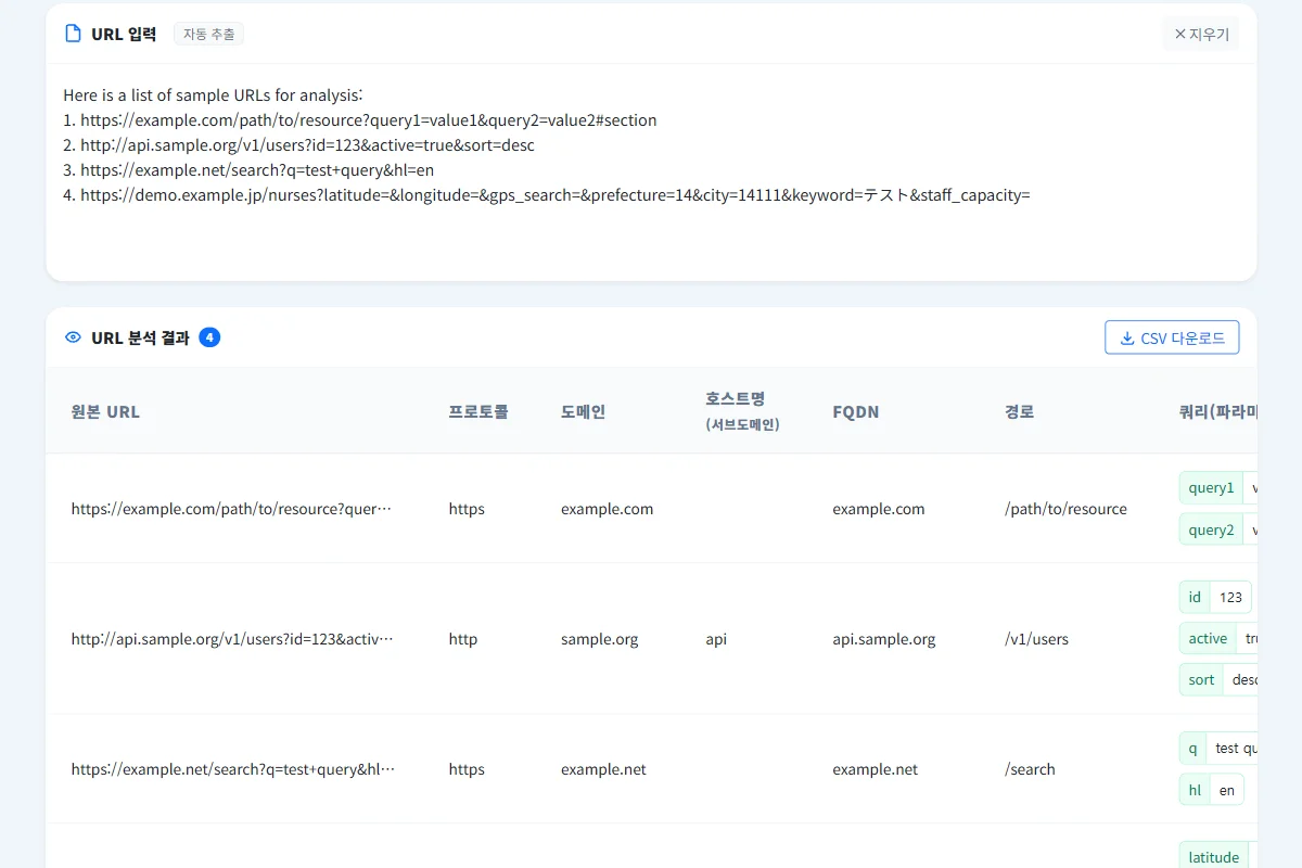 URL 구조 체커 분석 결과 표시